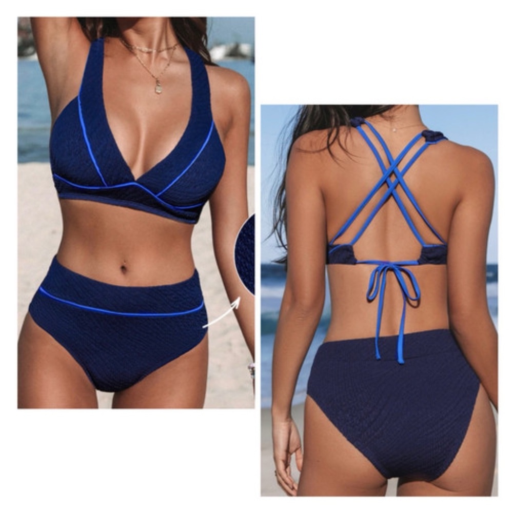 CUPSHE Amparo Blue Jacquard Strappy Bikini Top Size S & Cheeky Bottom Size M Set